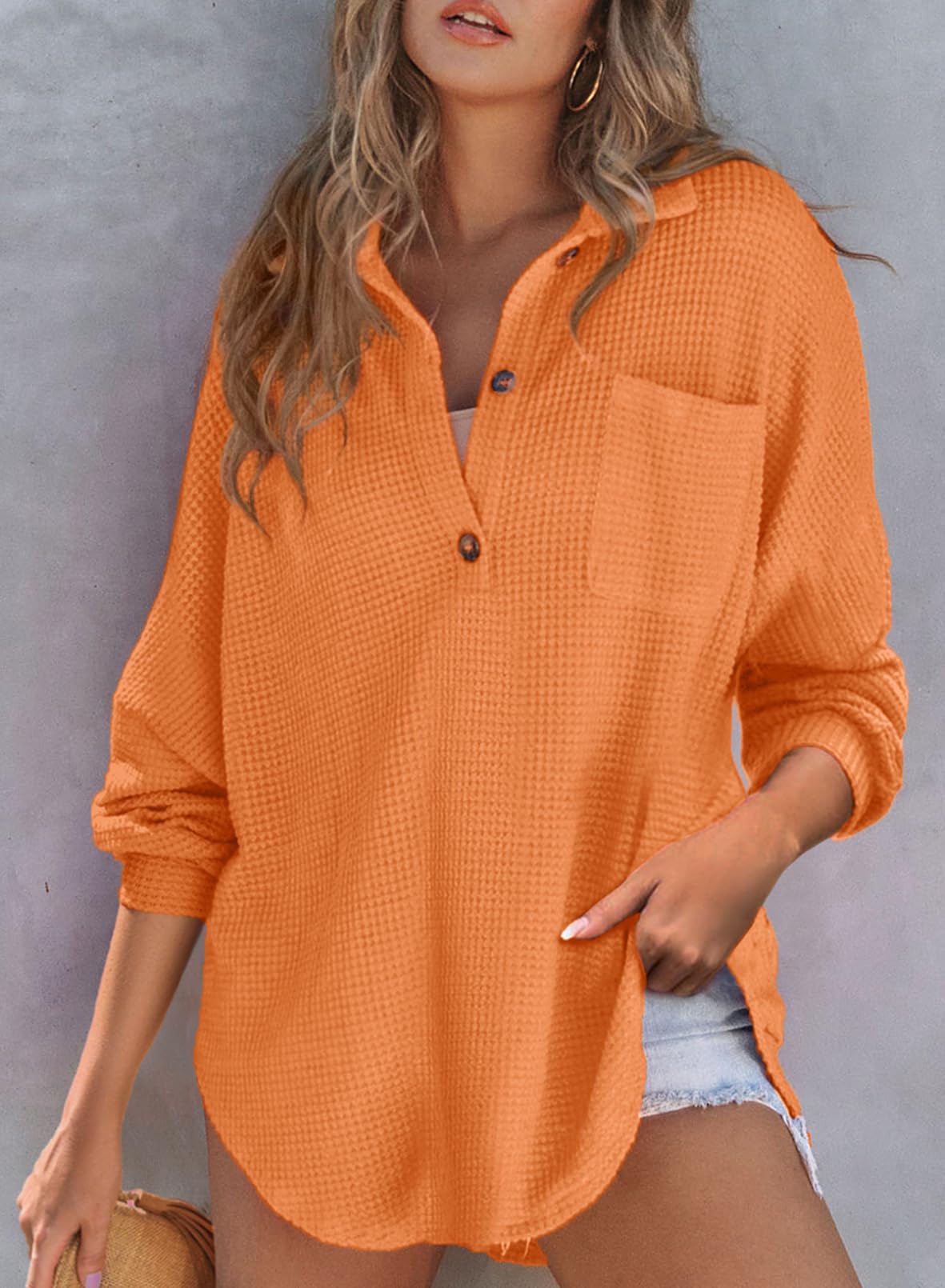 Limited time sale 🔥Women's Waffle Knit Henley Button Shirt Jacket