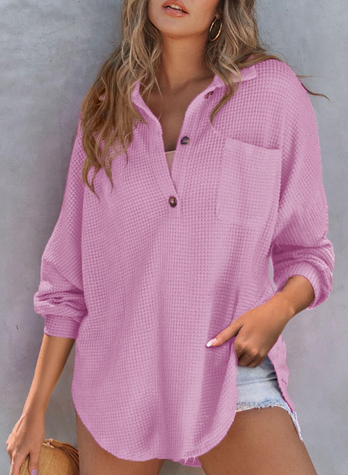 Autumn Women's Waffle Knit Henley V Neck Shirt Jacket