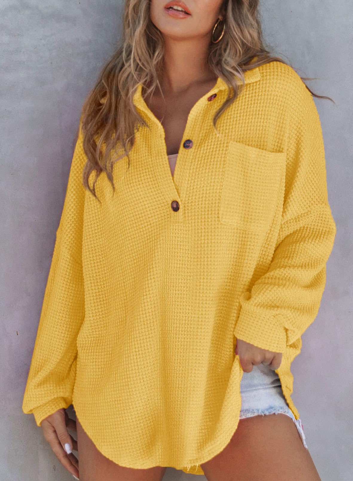 Limited time sale 🔥Women's Waffle Knit Henley Button Shirt Jacket