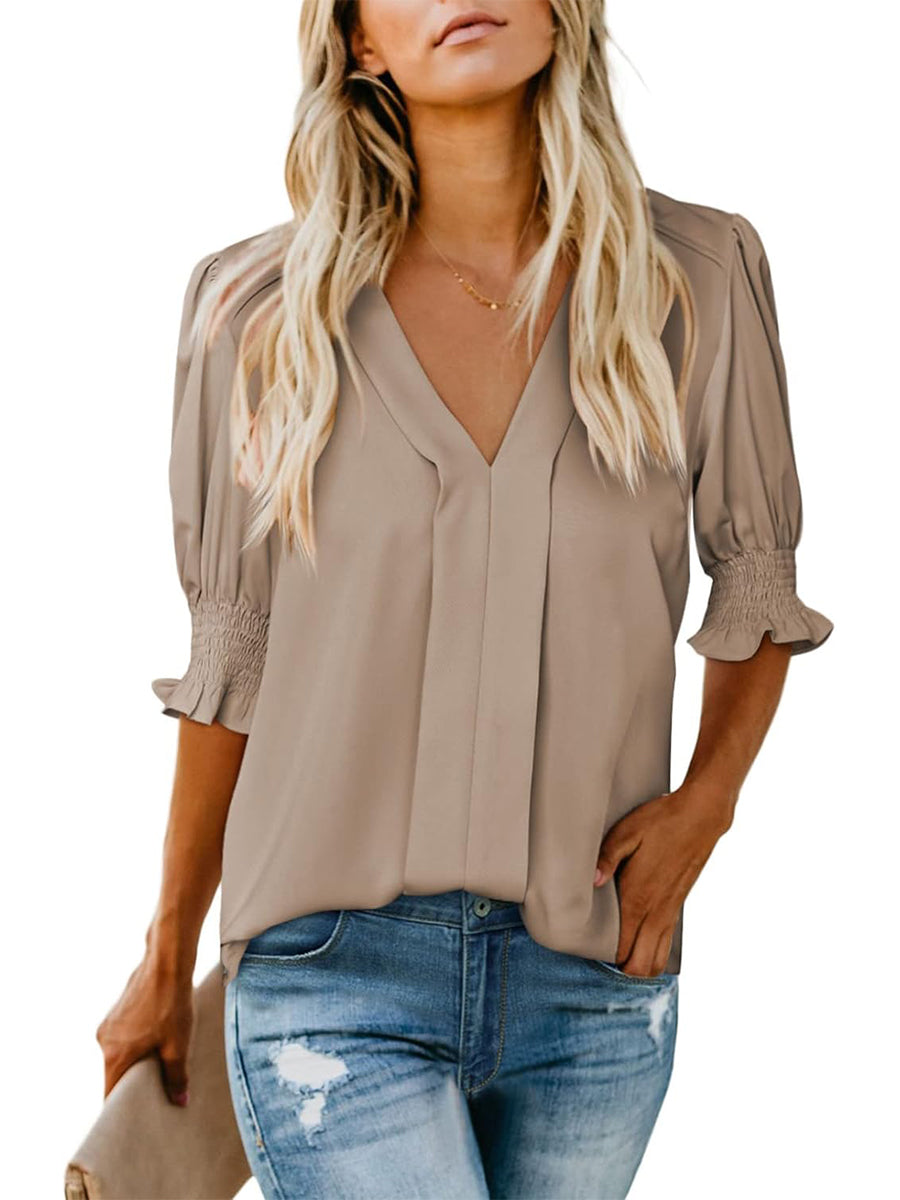 Limited time sale🔥Women's V Neck Dressy Puff Ruffle Blouse Casual Short Sleeve Tops