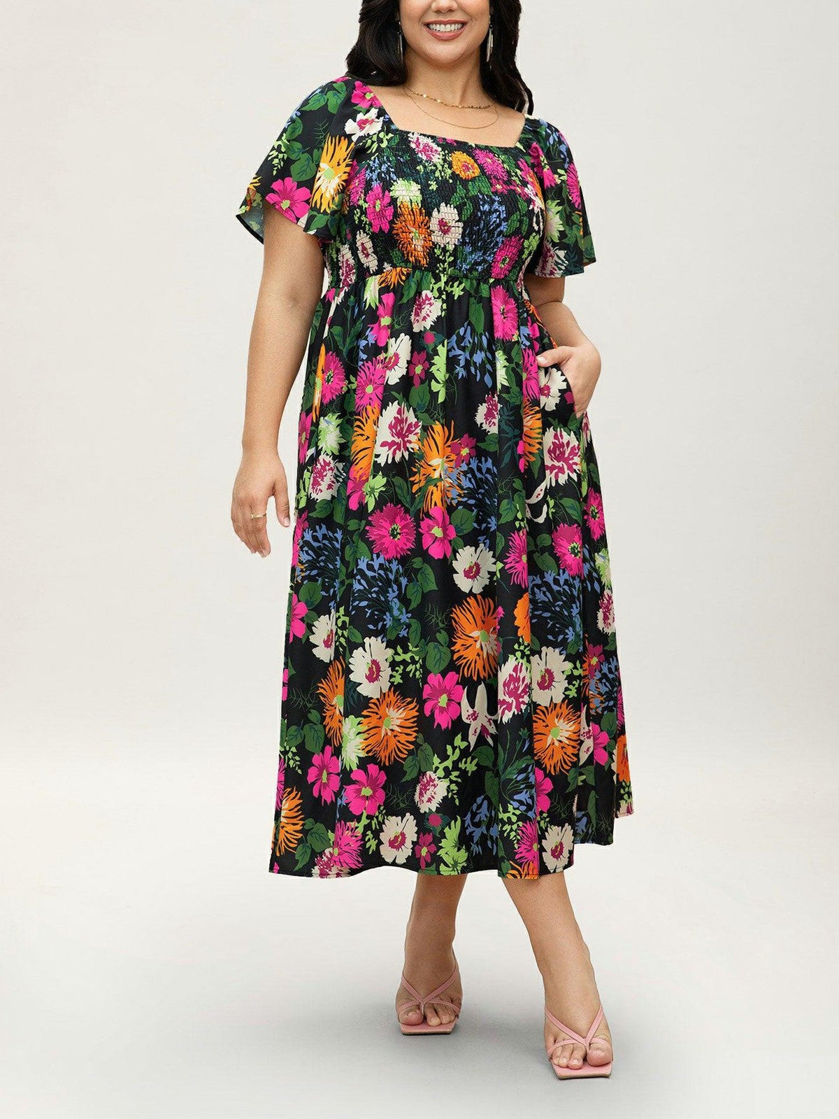 Floral Square Neck Midi Dress with Pockets