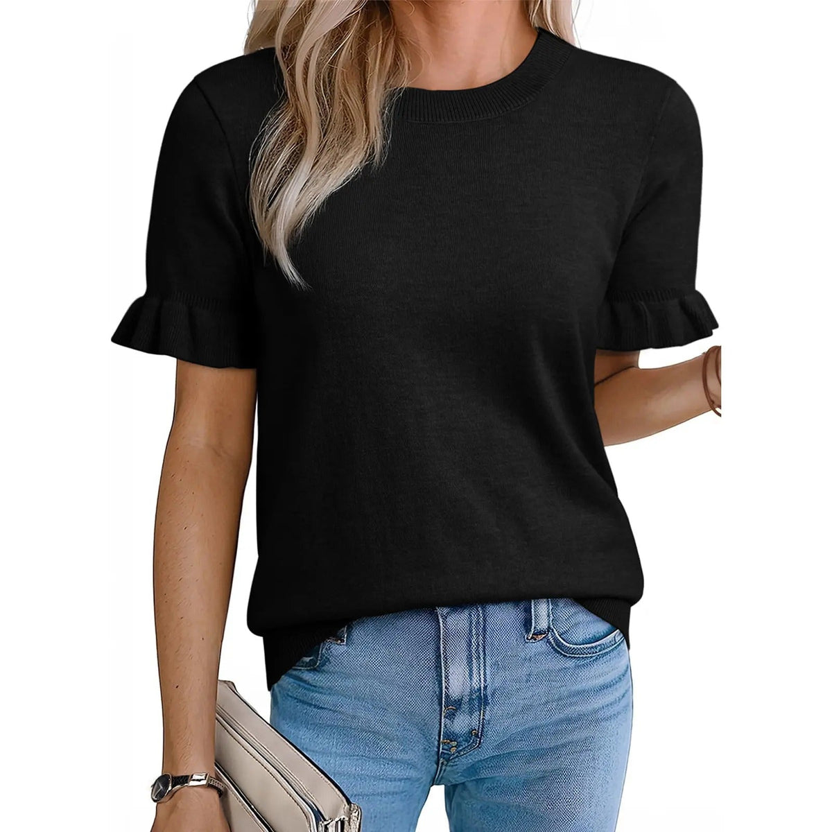 Limited time sale🔥Women's Crew Neck Ruffle Short Sleeve Knit Top