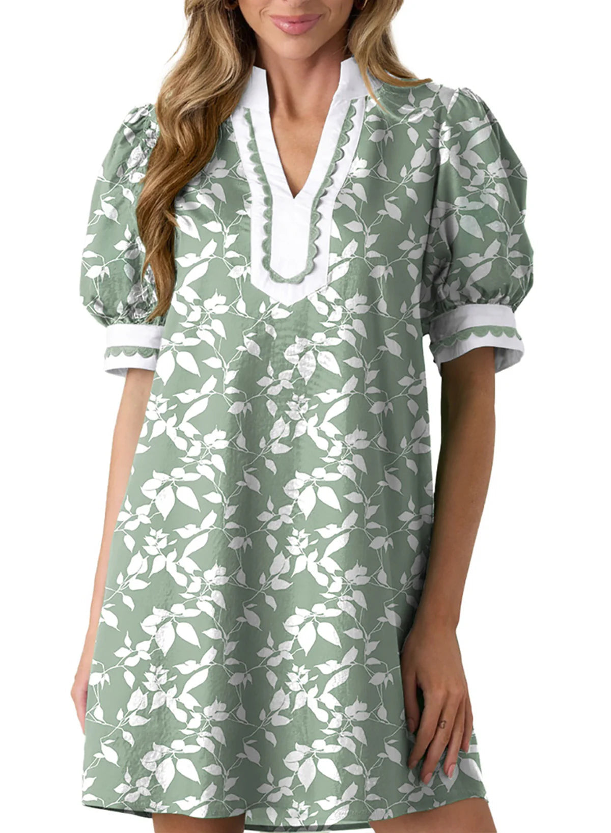 Limited time sale🔥Women's Floral Print V Neck Ricrac Trim Puff Sleeve Dress
