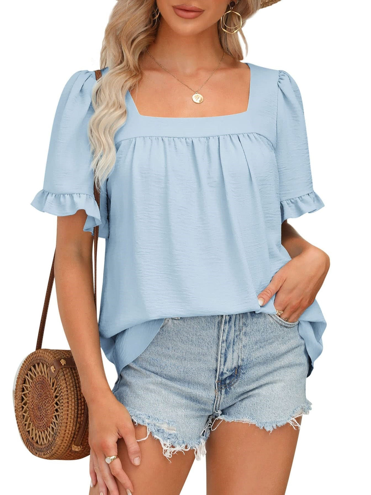 Limited time sale🔥Women's Sqaure Neck Ruffle Sleeve Blouses Peplum Tops