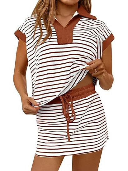 Limited time sale🔥Women's Striped V-neck 2 Piece Skirt Set