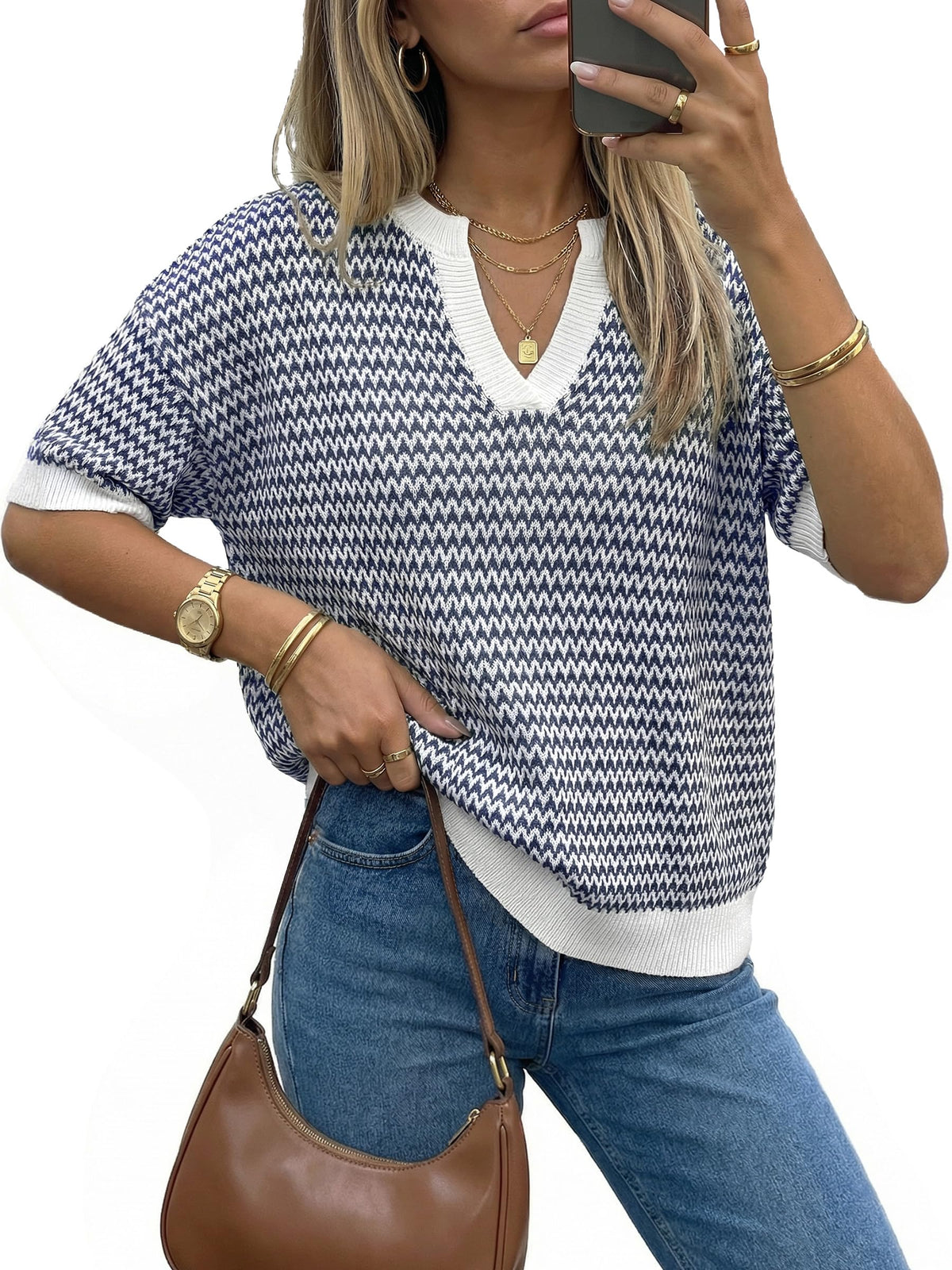 Polo V Neck Striped Short Sleeve Casual Pullover Sweaters Spring SummerVibes