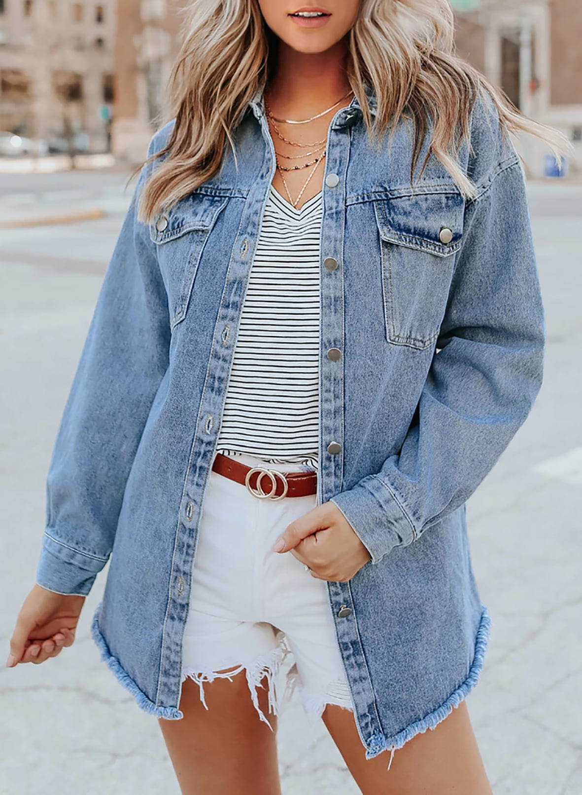 Limited time sale🔥Women's Casual Denim Button Down Distressed Jacket