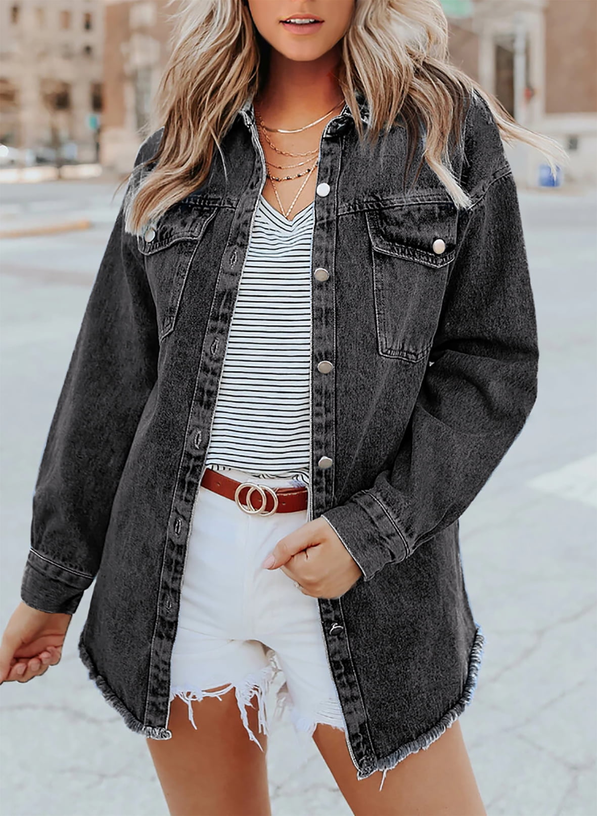 Limited time sale🔥Women's Casual Denim Button Down Distressed Jacket
