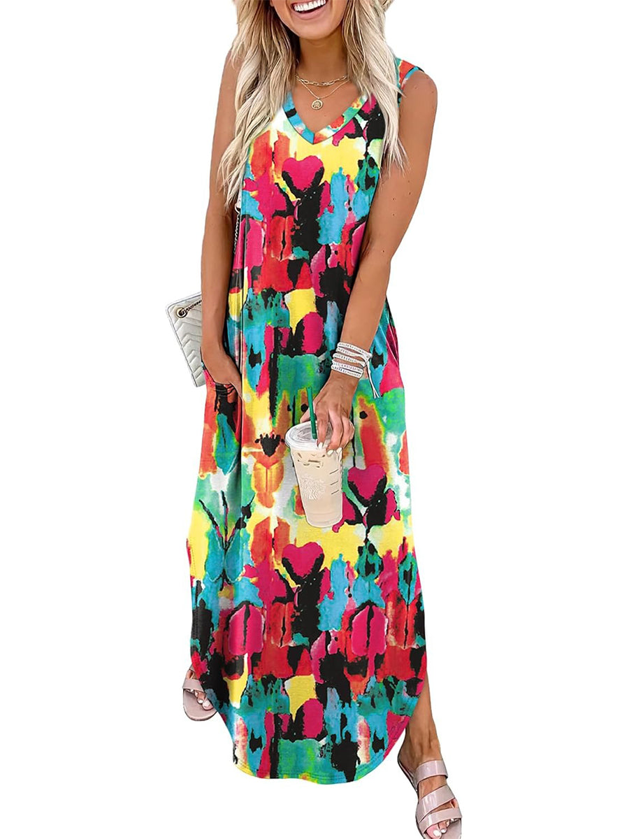 Limited time sale🔥Women's Boho Print V Neck Split Tank Long Dress with Pockets