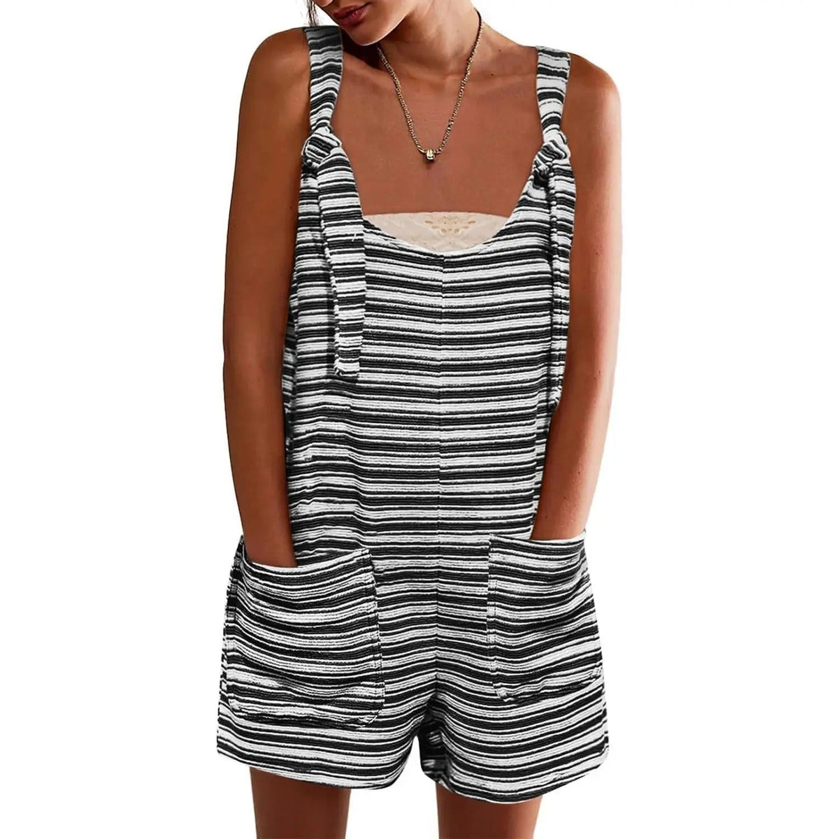 Summer Casual Sleeveless Striped Romper – Loose Overalls Jumpsuit with Pockets