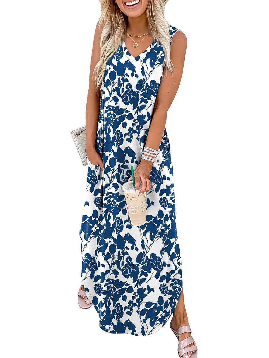 Limited time sale🔥Women's Boho Print V Neck Split Tank Long Dress with Pockets