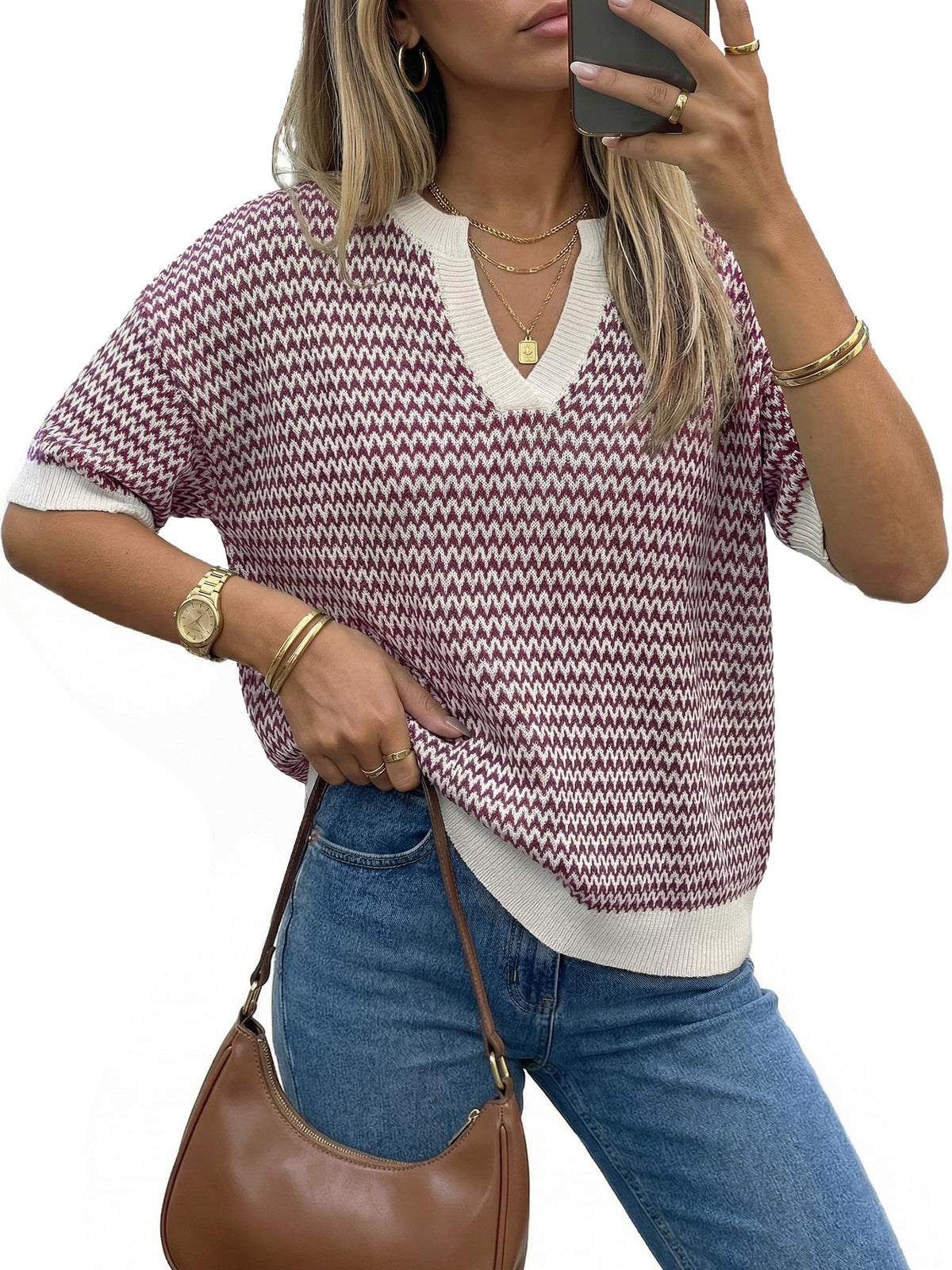 Polo V Neck Striped Short Sleeve Casual Pullover Sweaters Spring SummerVibes