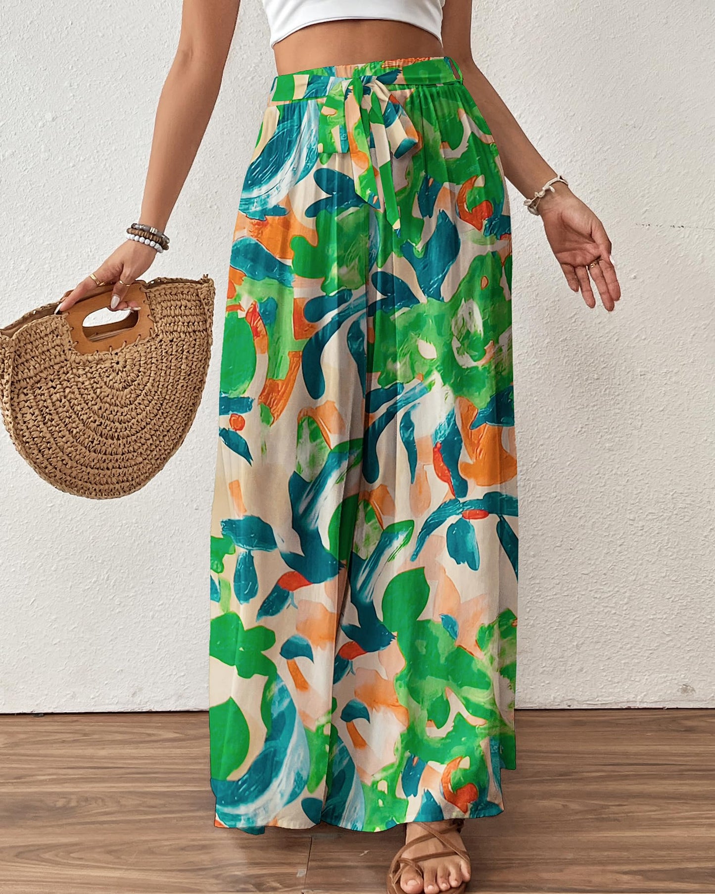 Woman Flowy Floral Palazzo Pants Wide Leg Pants