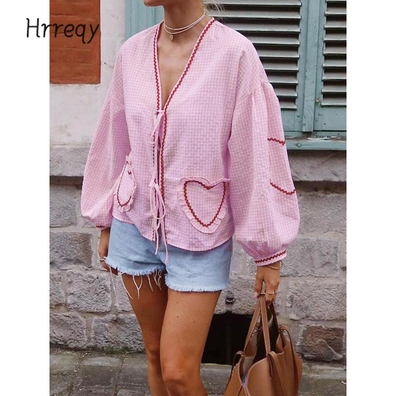 Women Long Sleeve Shirts Heart Embroidery Plaid Front Bowknot Tie-Up Blouses