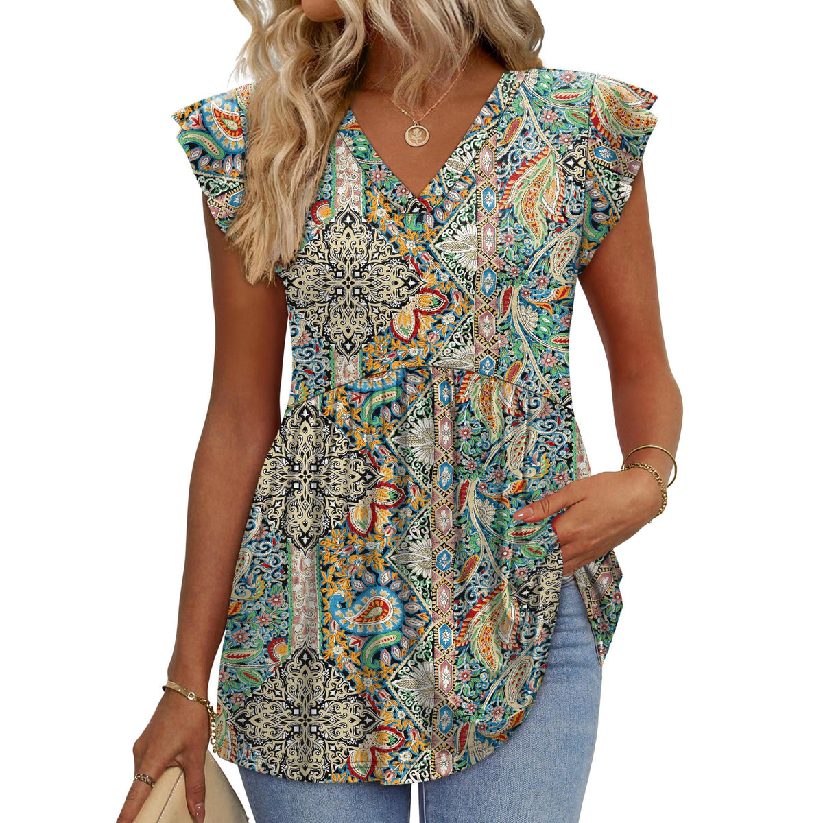 Women's Floral V-Neck Ruffle Sleeve Babydoll Blouse