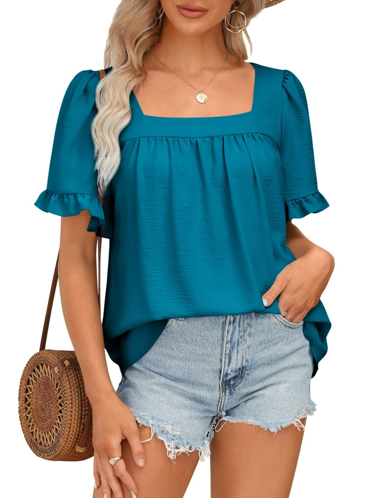 Limited time sale🔥Women's Sqaure Neck Ruffle Sleeve Blouses Peplum Tops