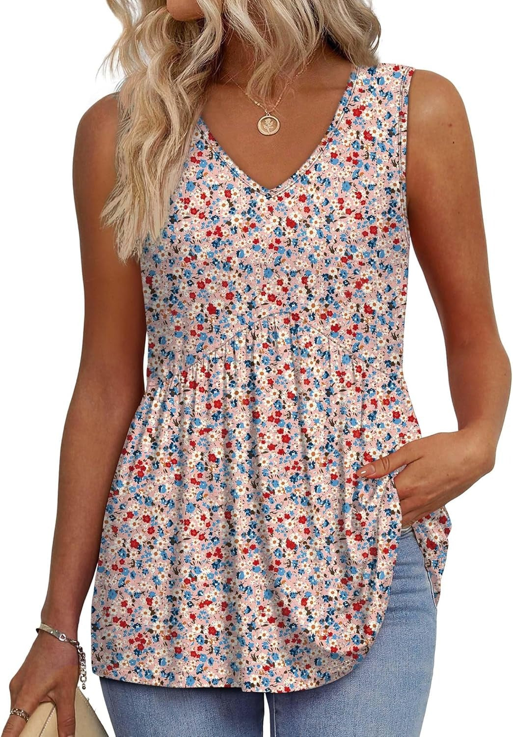Limited time sale🔥Women's Print Flowy Sleeveless V Neck Peplum Tank Tops