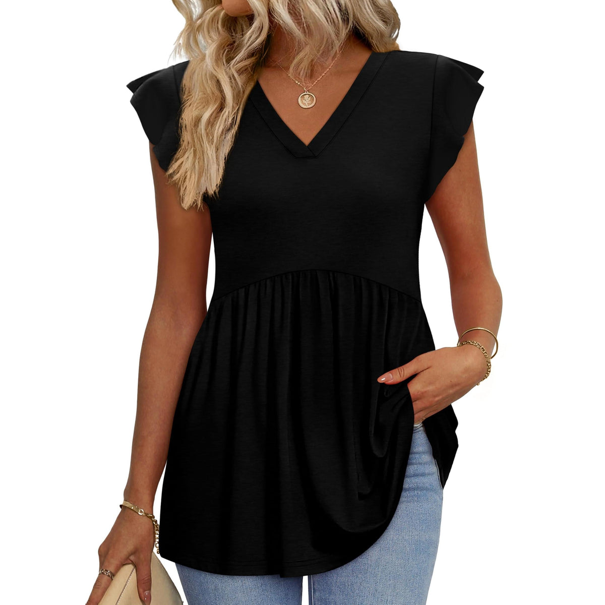 Women's Floral V-Neck Ruffle Sleeve Babydoll Blouse