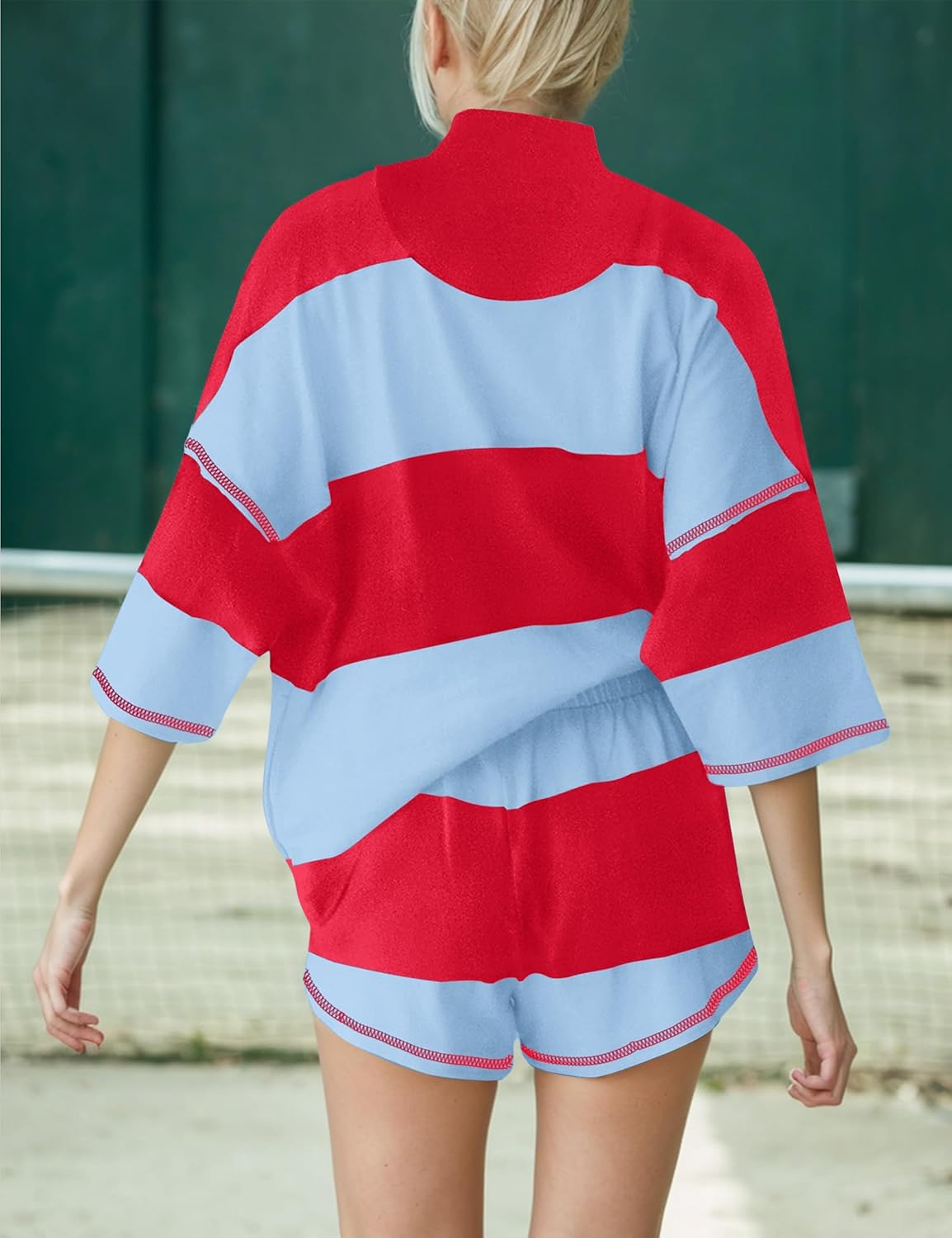 Limited time sale🔥Women's Quarter Zip Color Block Top & Shorts Matching Set