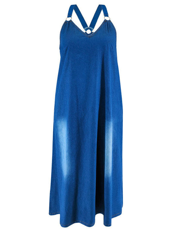 Retro Denim Adjustable Suspender Dress Oversized Maxi Skirt