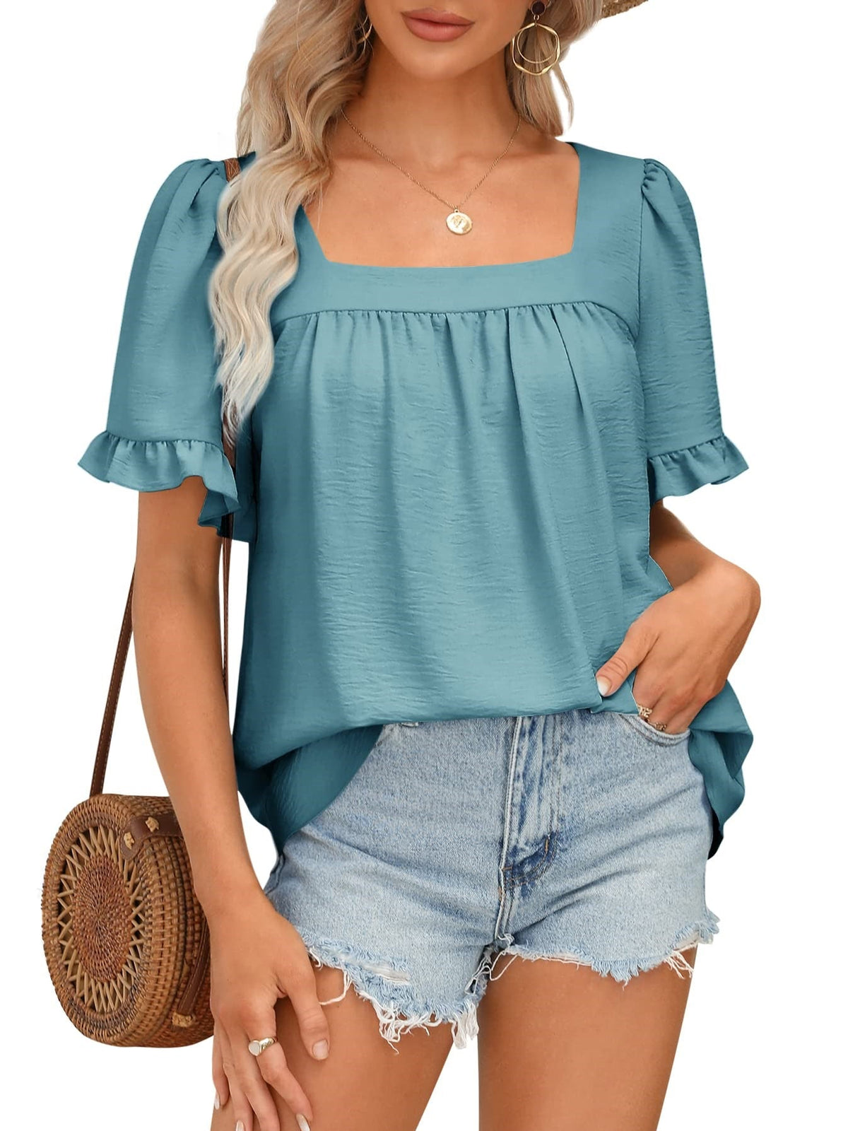Limited time sale🔥Women's Sqaure Neck Ruffle Sleeve Blouses Peplum Tops