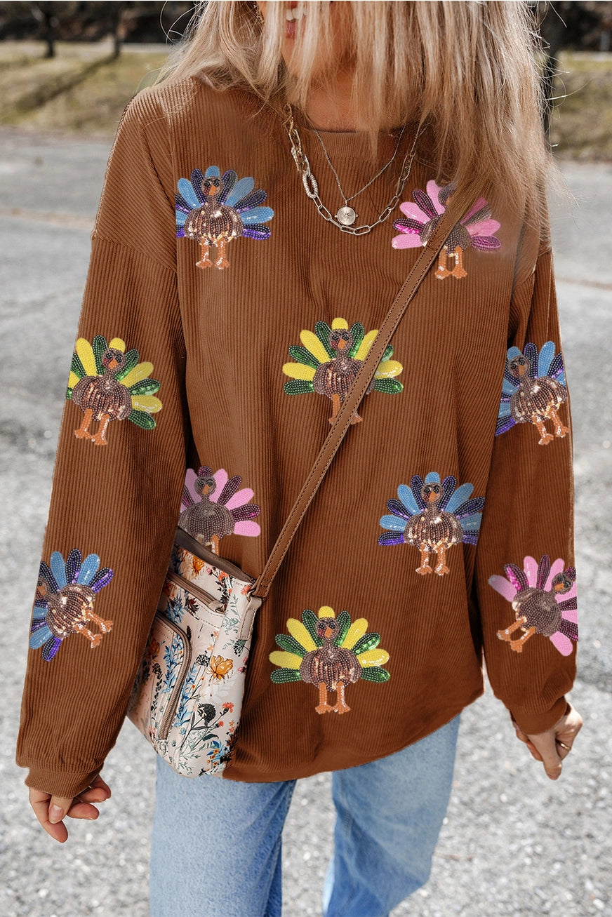 Limited time sale🔥Sequin Turkey Patch Thanksgiving Corduroy Sweatshirt