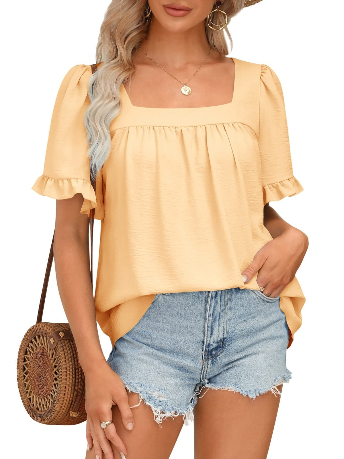 Limited time sale🔥Women's Sqaure Neck Ruffle Sleeve Blouses Peplum Tops