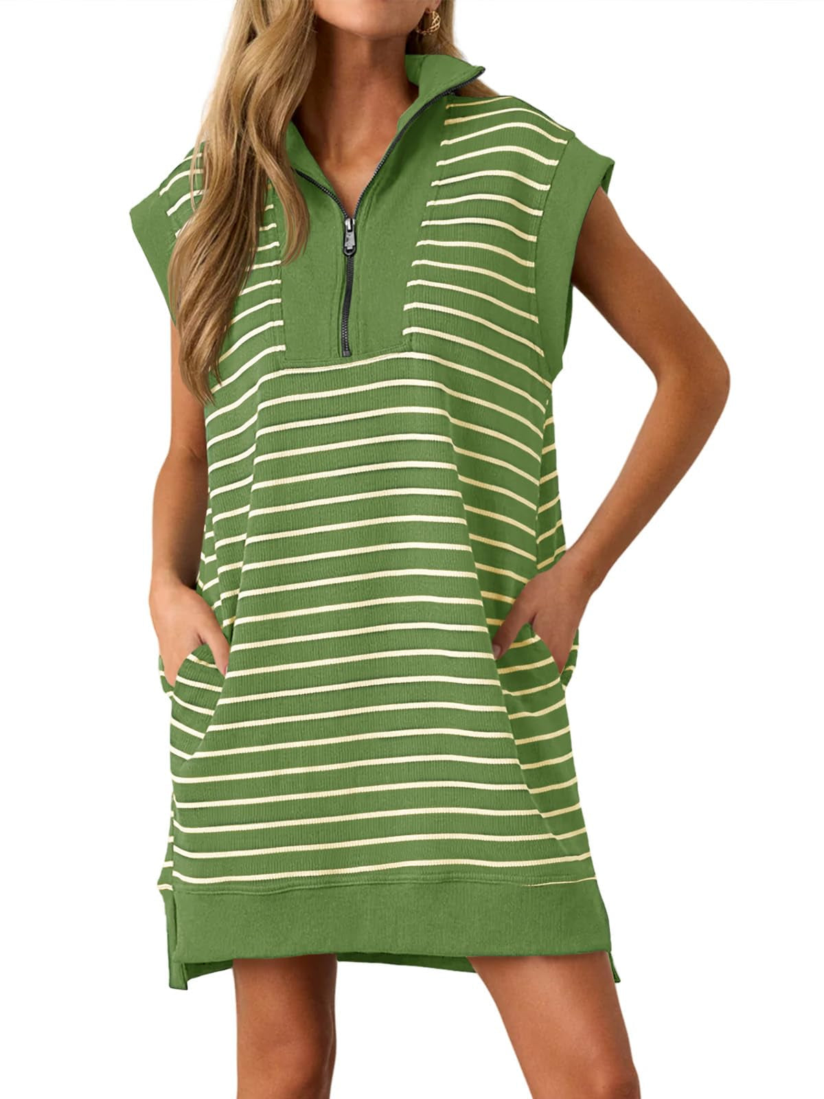Limited time sale🔥Women's Striped Casual Zipper Cap Sleeve Mini Dress
