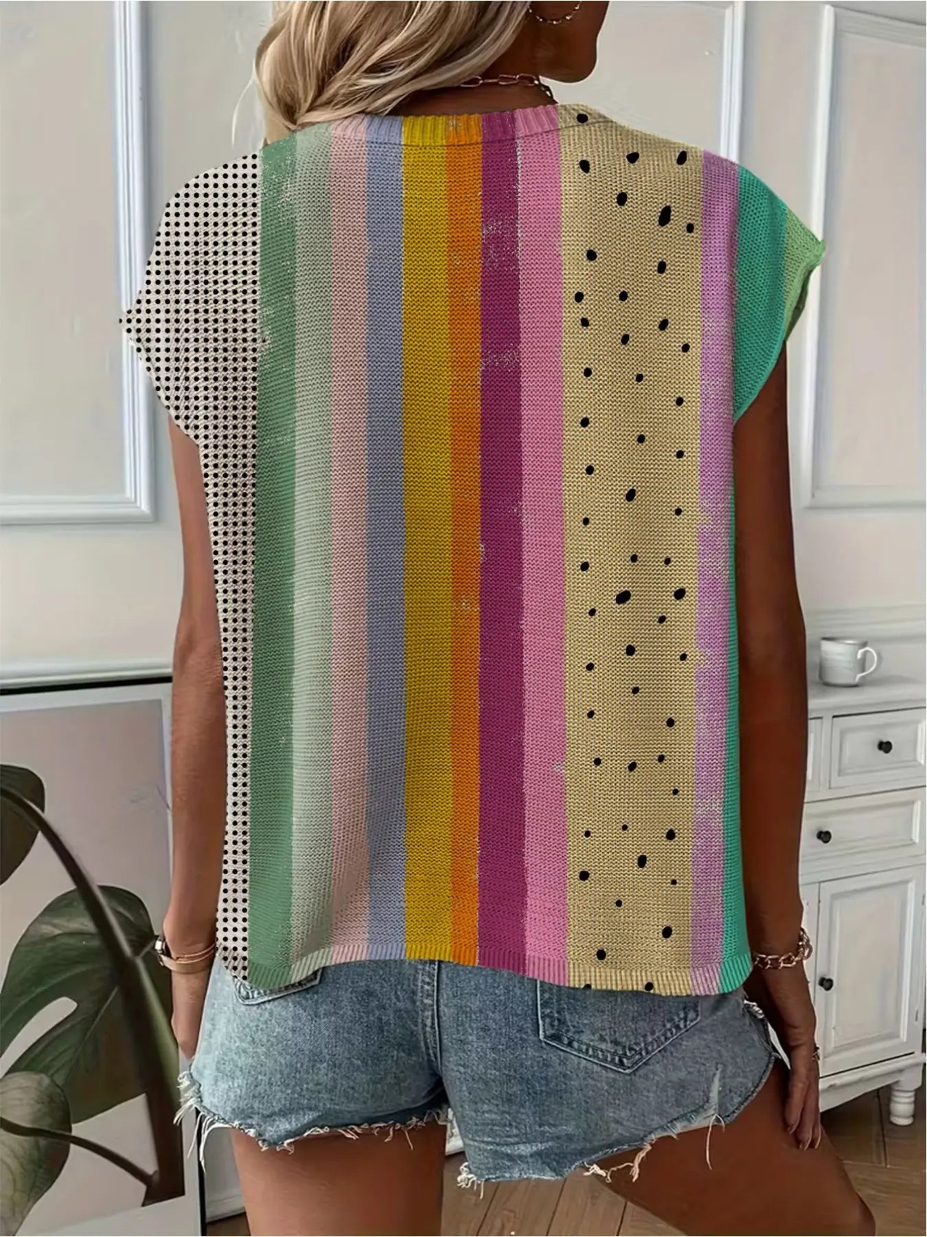 Women's Crew Neck Drop-shoulder Loose Fit Contrast Splicing Print Knit Top