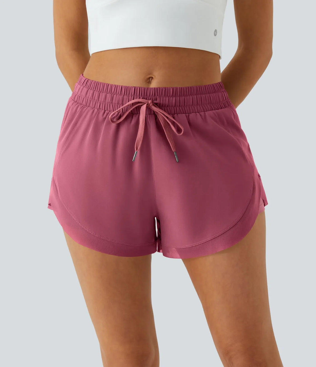 Women Mid Rise Drawstring Contrast Mesh 2-in-1 Flowy Running Shorts 3''