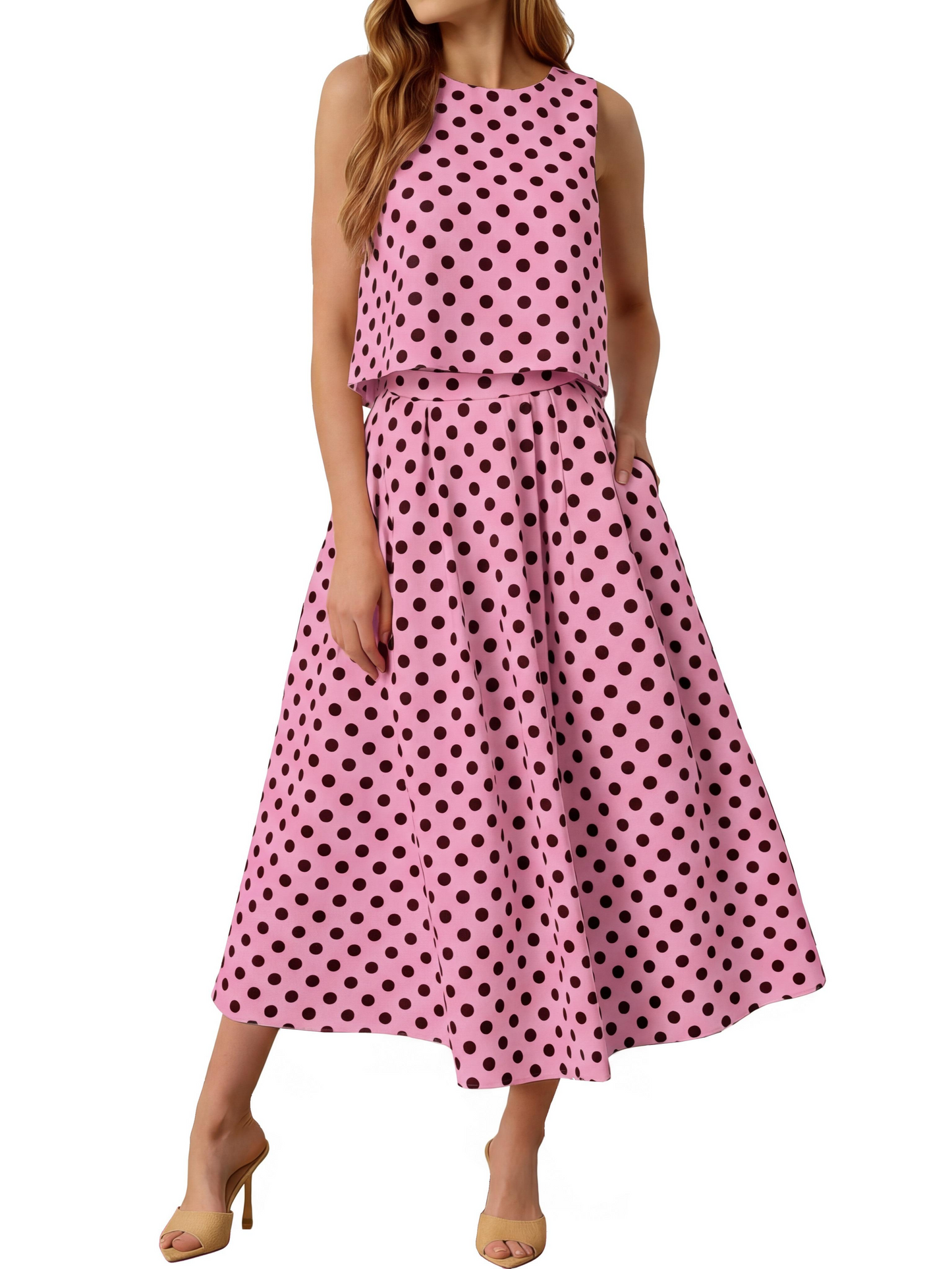 Women's Striped Sleeveless Top & Midi Skirt Set