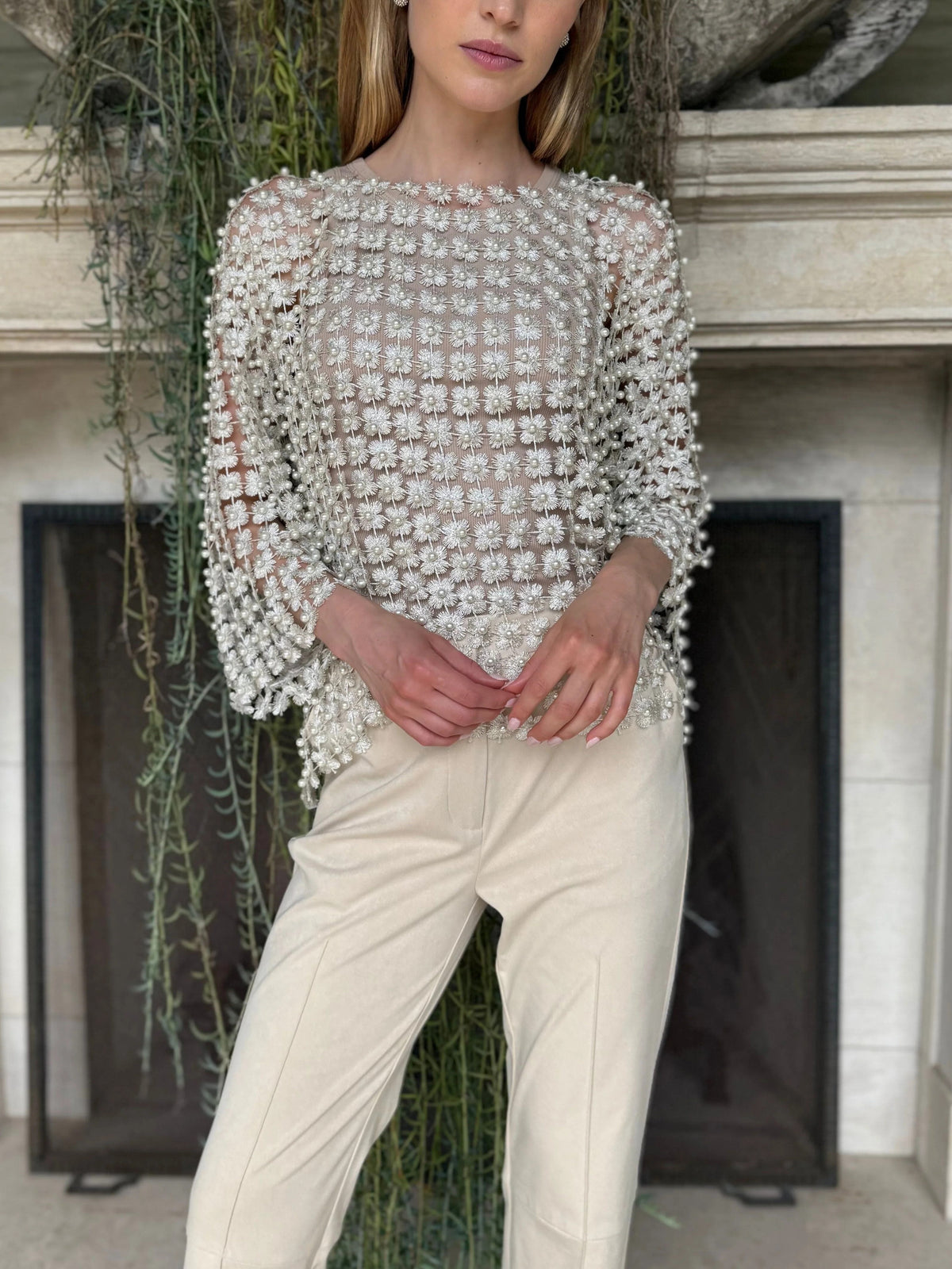HOT SALE Women's Beaded Floral Cutout Long Sleeve Top Coverup