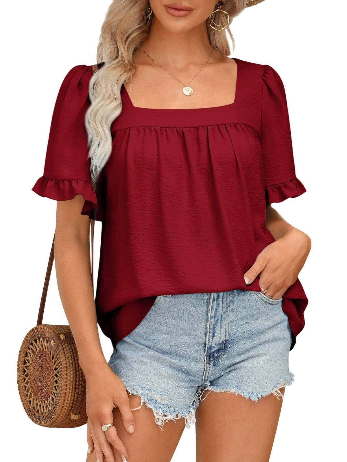Limited time sale🔥Women's Sqaure Neck Ruffle Sleeve Blouses Peplum Tops