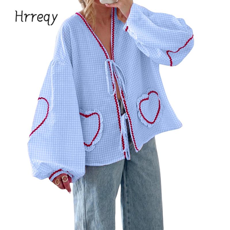 Women Long Sleeve Shirts Heart Embroidery Plaid Front Bowknot Tie-Up Blouses