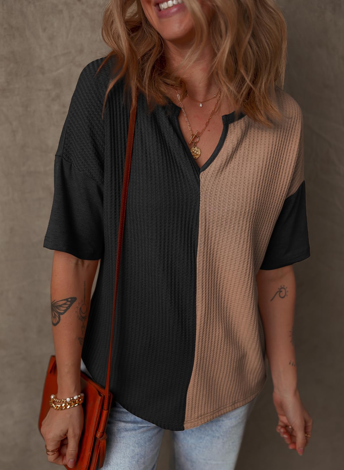 Limited time sale🔥Women's Half Sleeve Waffle Knit Casual V Neck Colorblock Patchwork Shirts