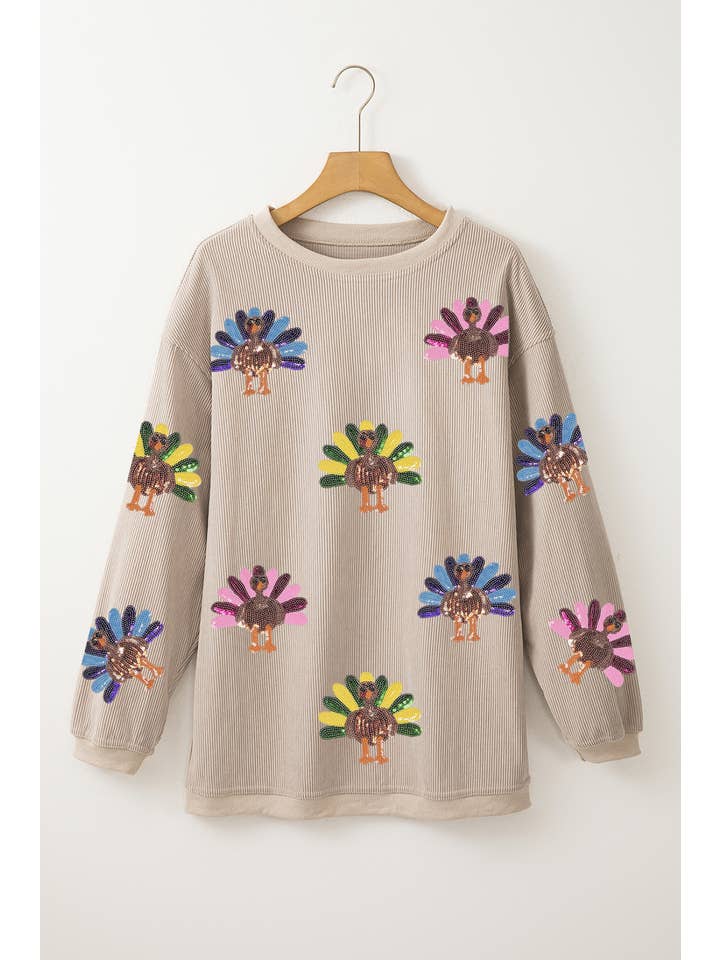Limited time sale🔥Sequin Turkey Patch Thanksgiving Corduroy Sweatshirt