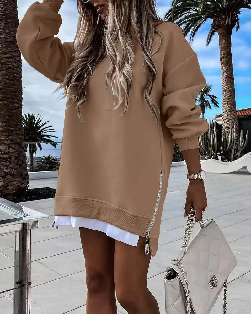 Limited time sale🔥Women’s Long Sleeve Pullover Sweatshirt Zipper Slit Casual Dress