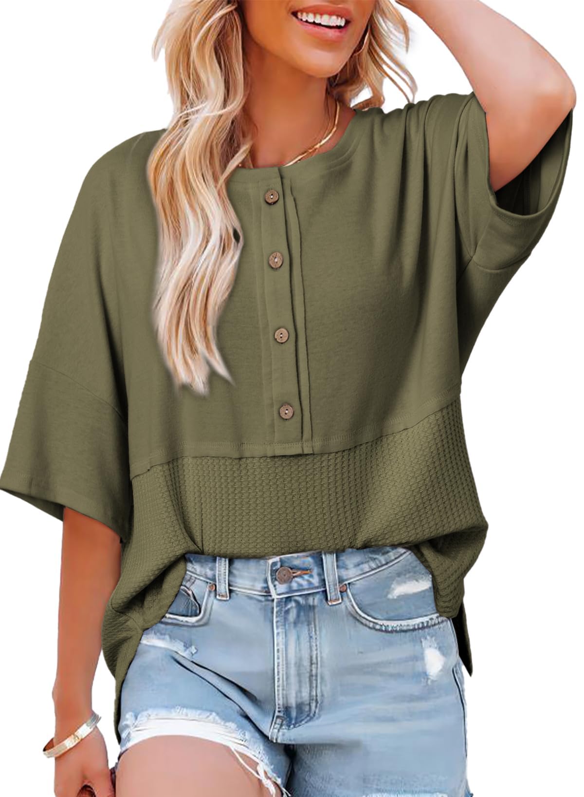 Limited time sale🔥Women's 3/4 Sleeve Casual Button Down Waffle Knit Tops