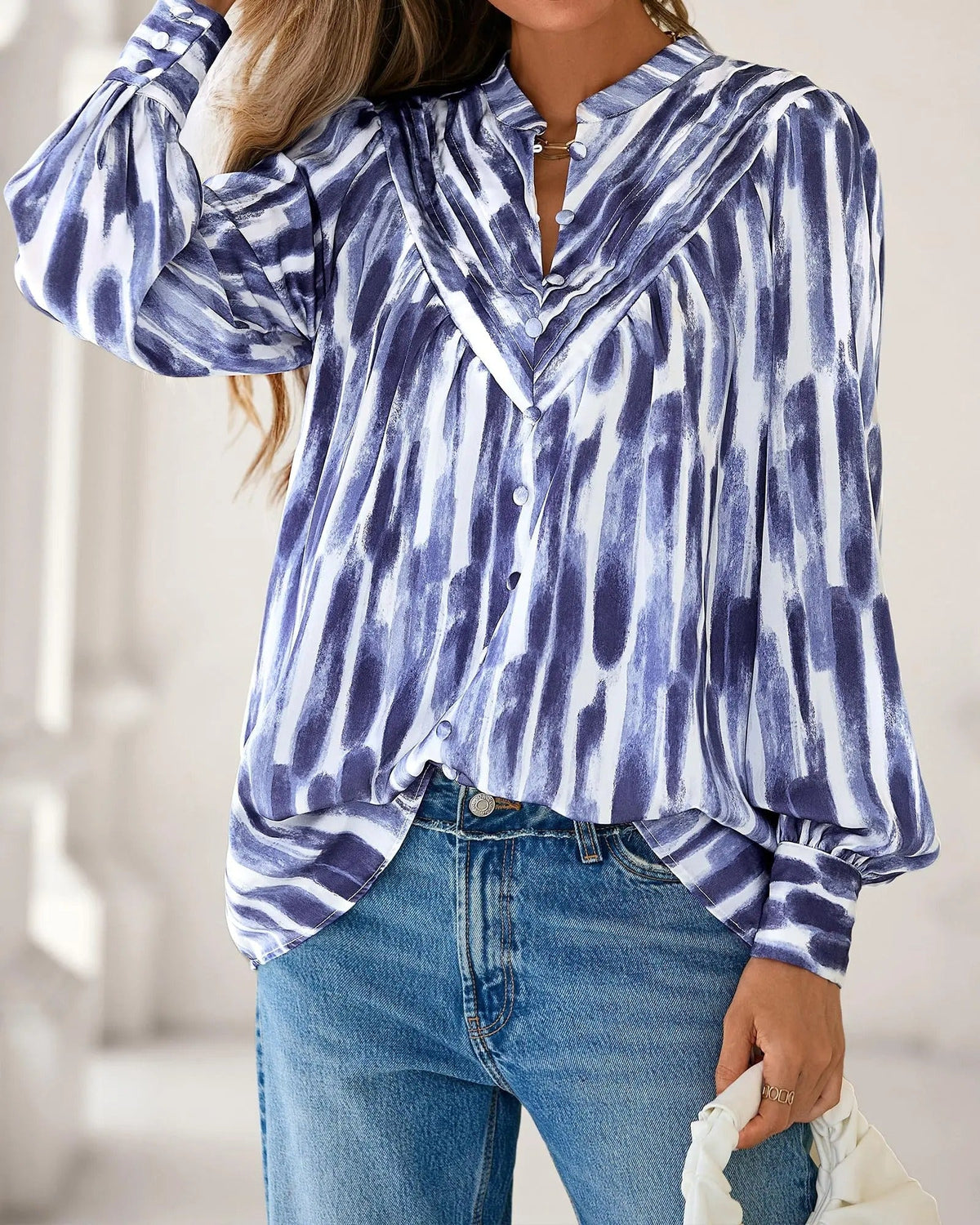 Women's Boho Floral V-Neck Half Button Down Blouse