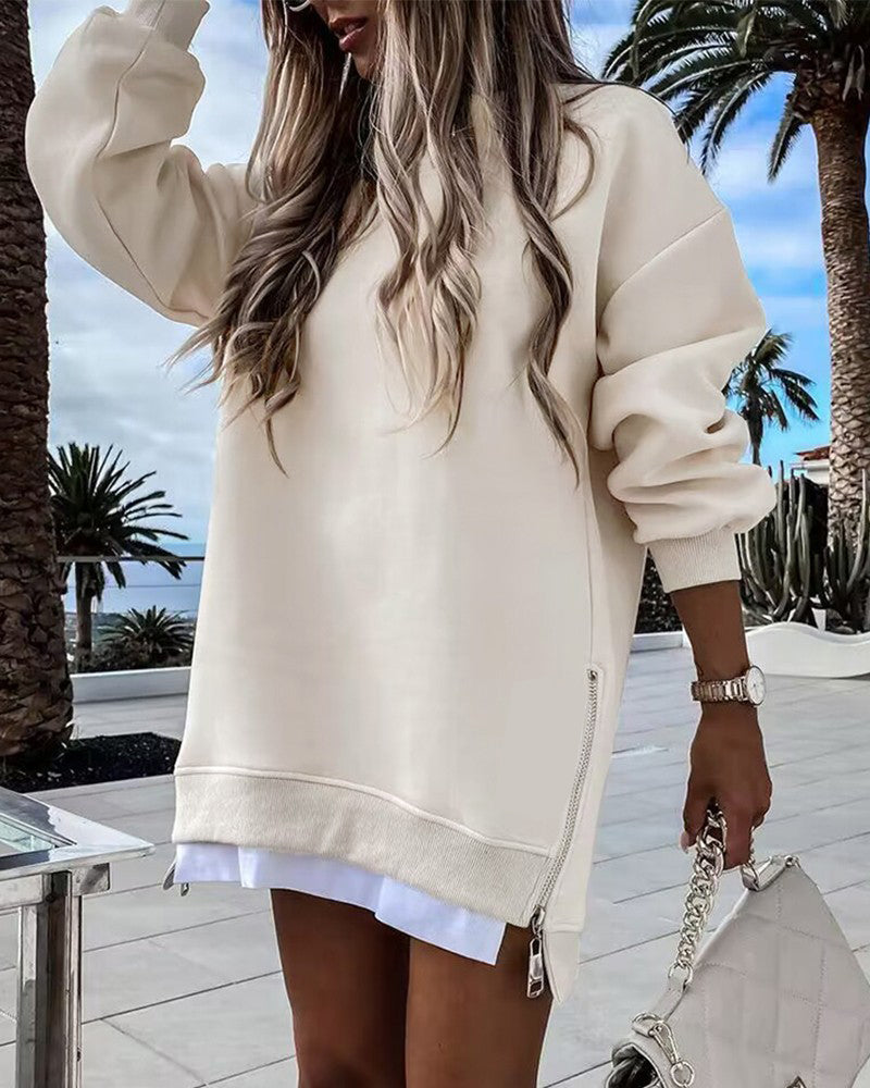 Limited time sale🔥Women’s Long Sleeve Pullover Sweatshirt Zipper Slit Casual Dress