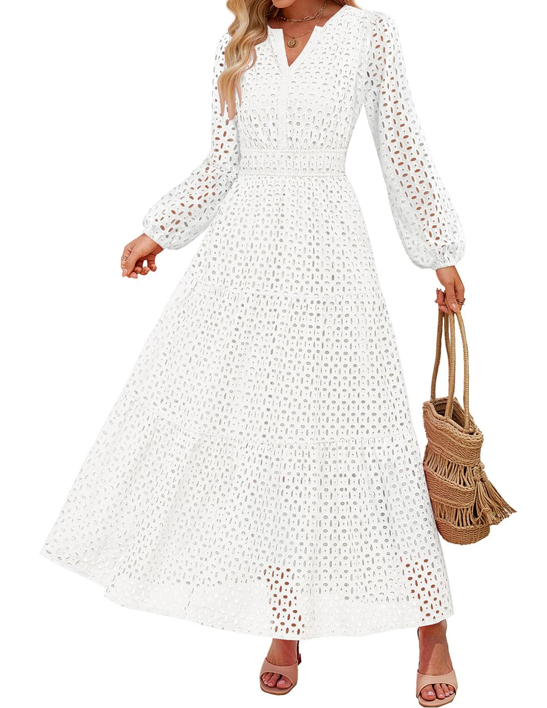 Women's 2026 V Neck Hollow Out Eyelet A Line Long Flowy Dresses