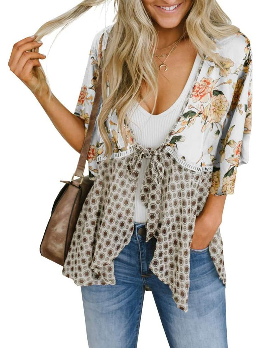 Women's Floral Kimono Ruffle Sleeve Tie Cardigans Flowy Boho Loose Cover Ups