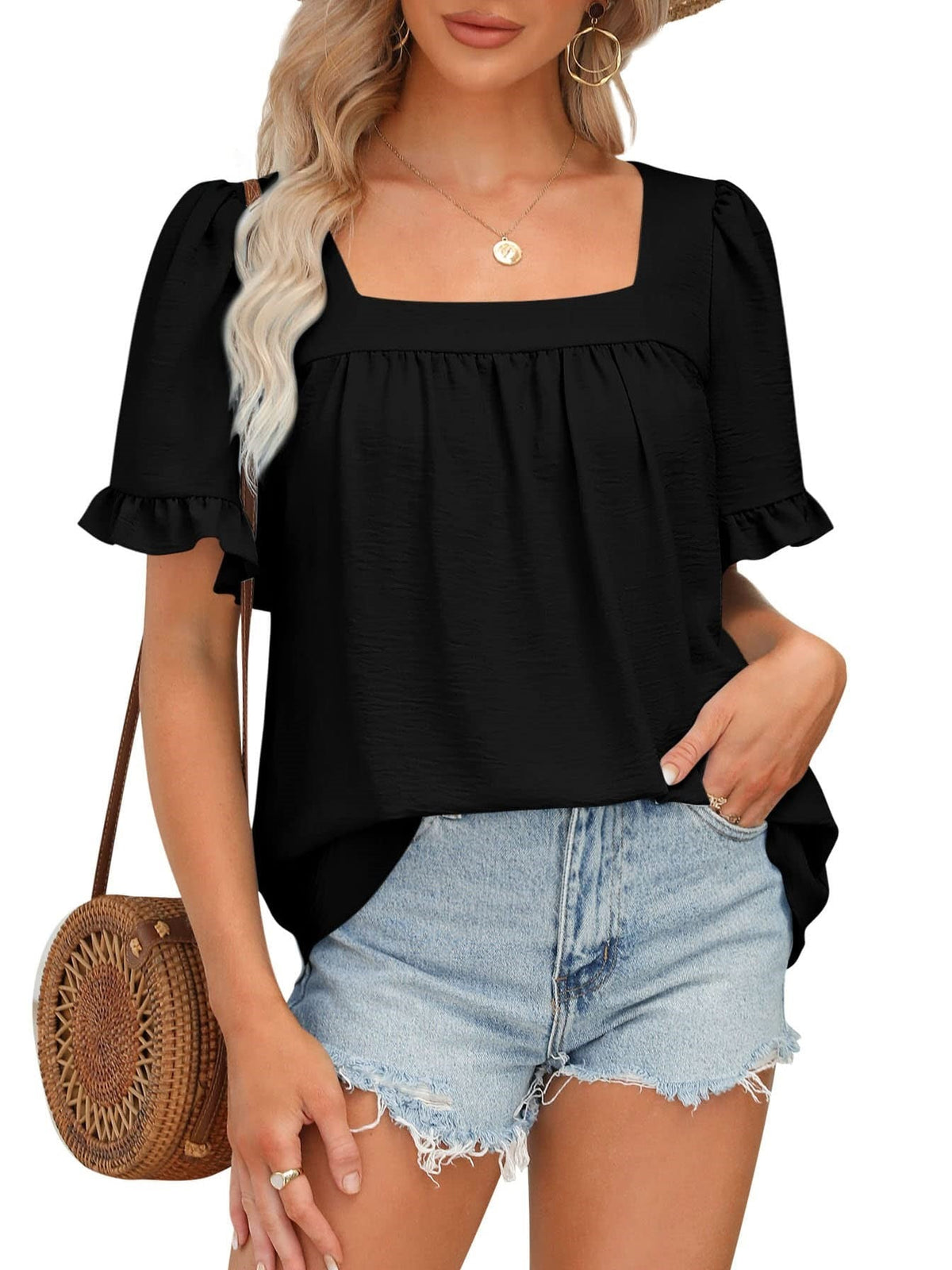 Limited time sale🔥Women's Sqaure Neck Ruffle Sleeve Blouses Peplum Tops