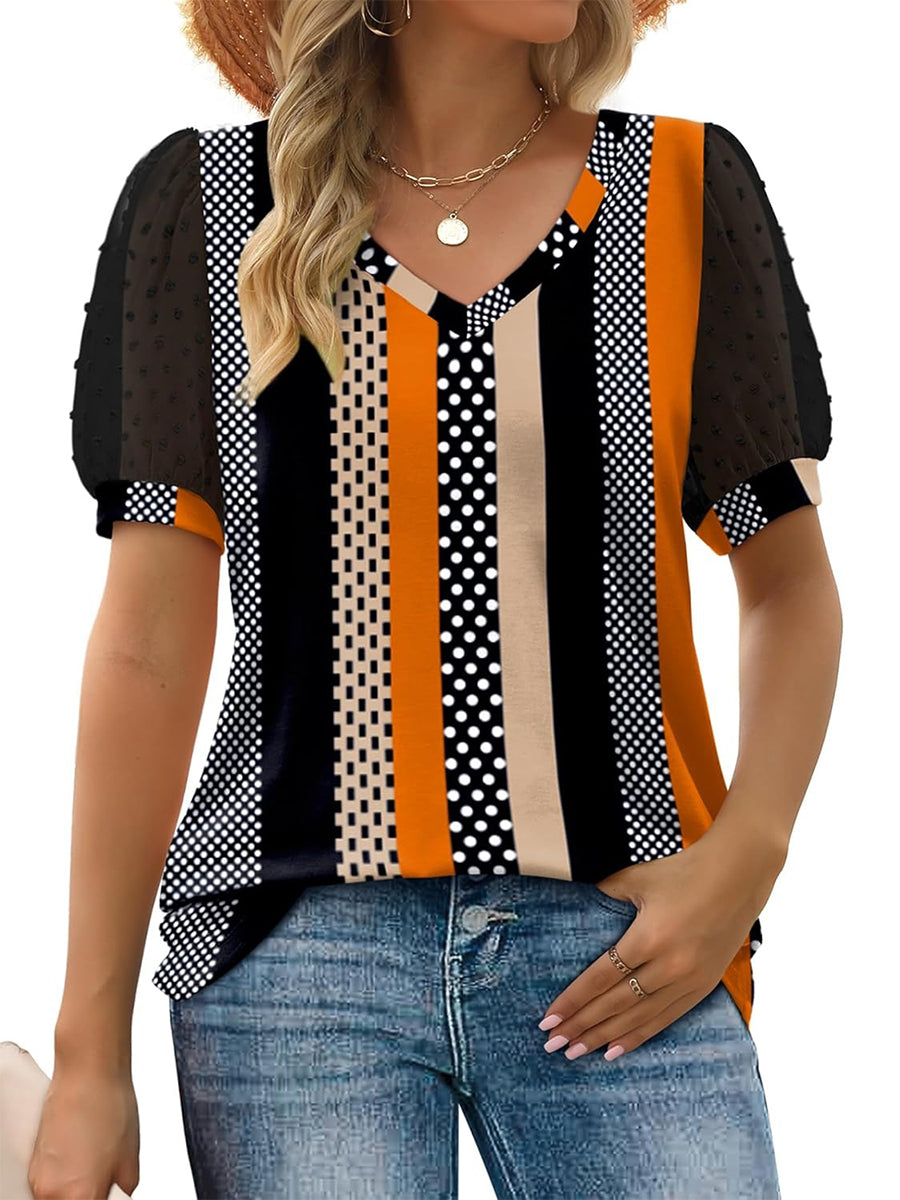 Limited time sale🔥Women's Printed V Neck Swiss Dot Puff Sleeve Loose Casual T-Shirt