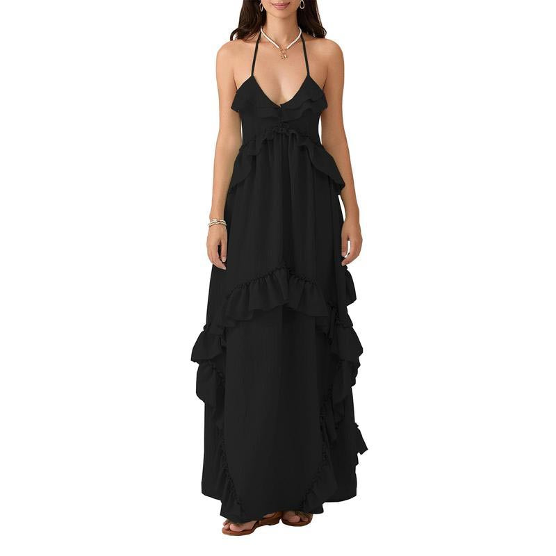 Women Sleeveless Halter Dress Backless Ruffled Summer Swing Dress
