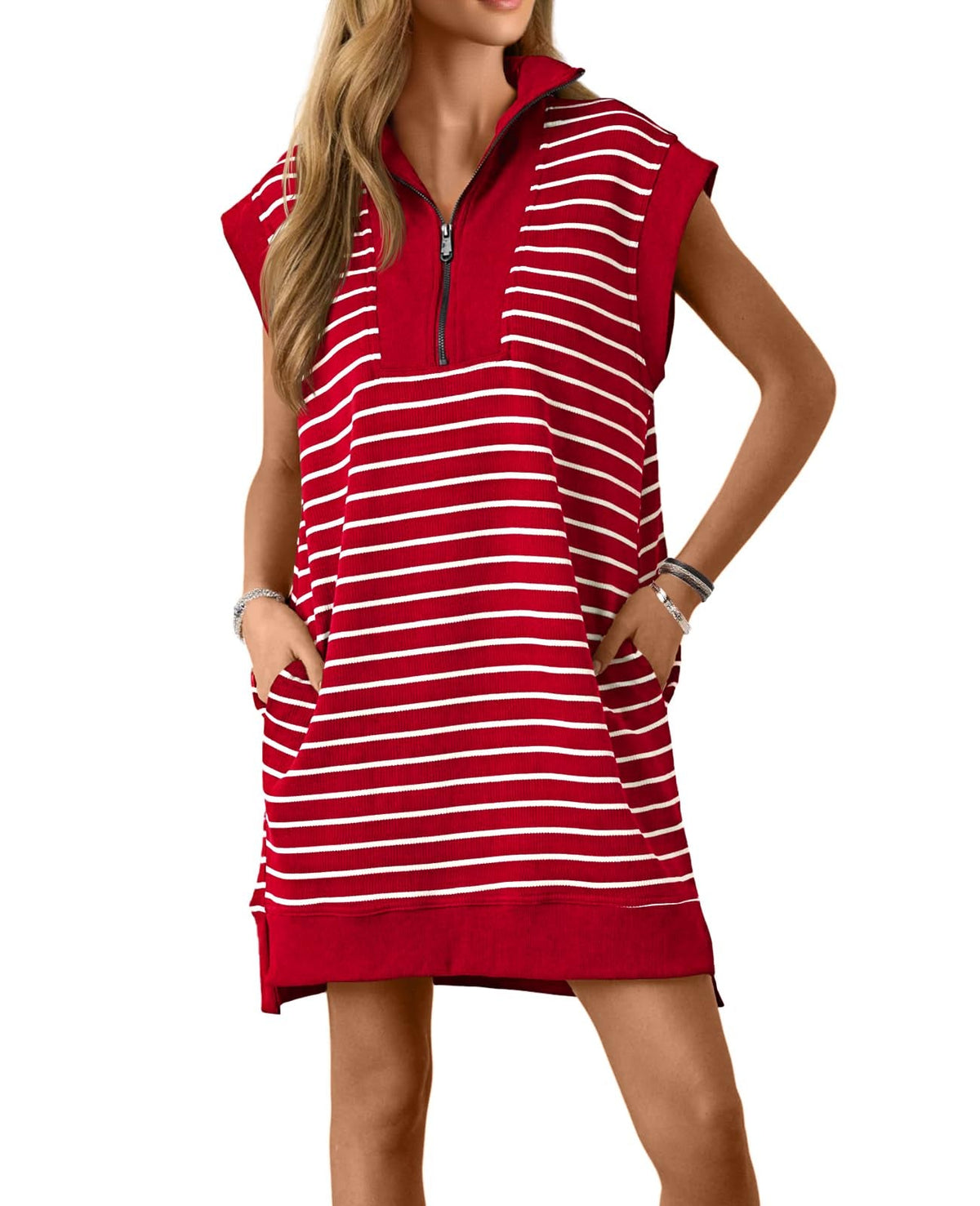 Limited time sale🔥Women's Striped Casual Zipper Cap Sleeve Mini Dress