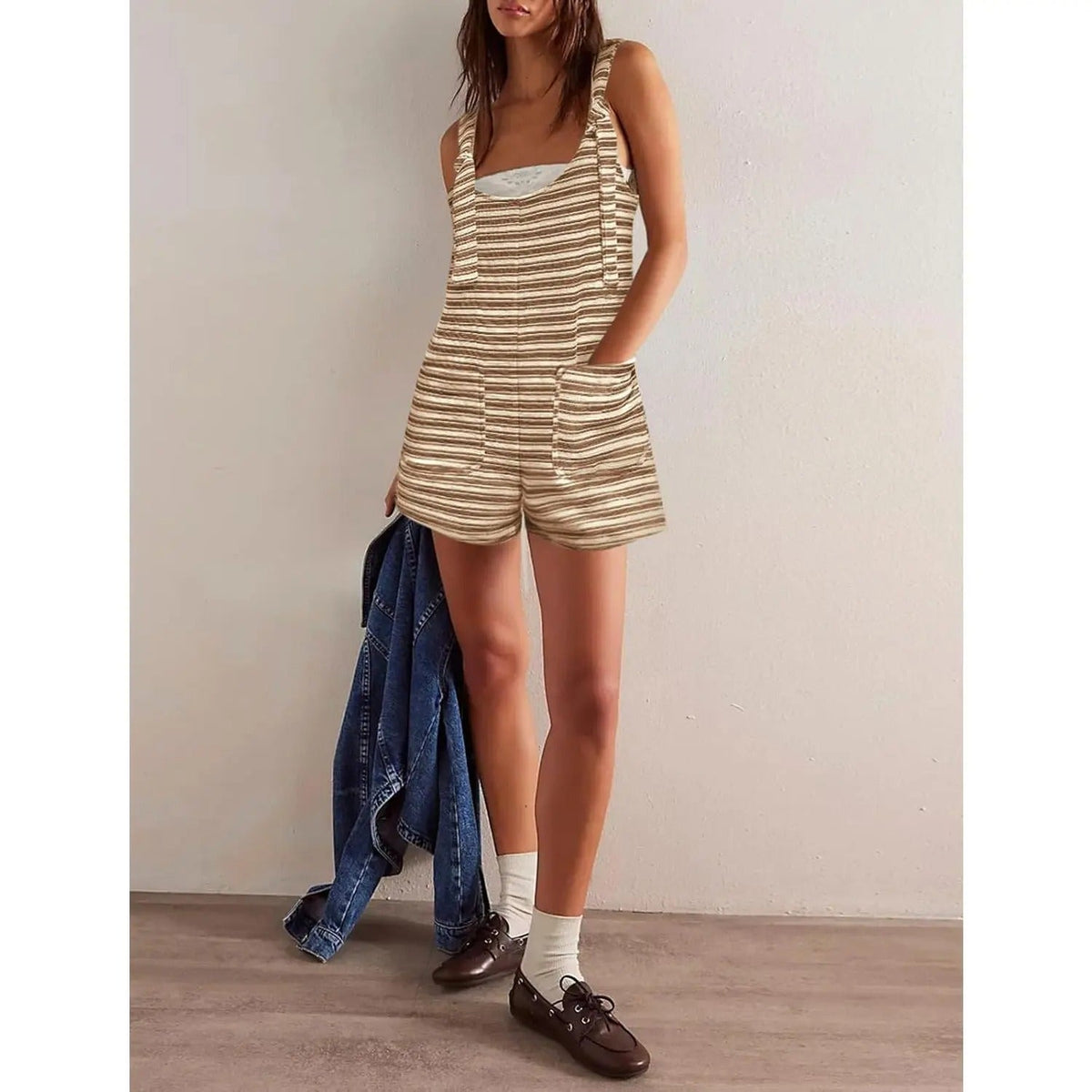 Summer Casual Sleeveless Striped Romper – Loose Overalls Jumpsuit with Pockets