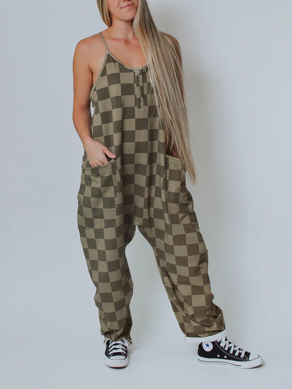 Women's Button Neck Suspender Jumpsuit Casual Overalls