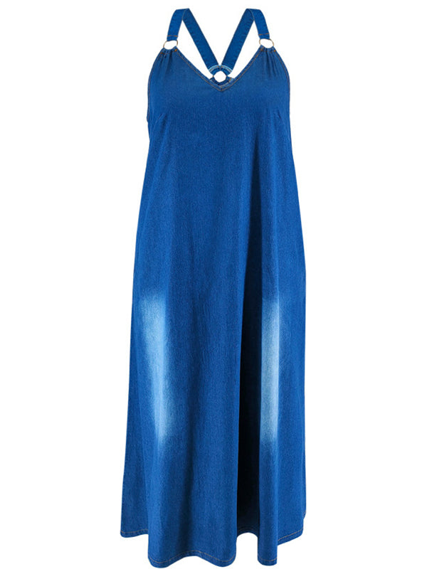 Retro Denim Adjustable Suspender Dress Oversized Maxi Skirt