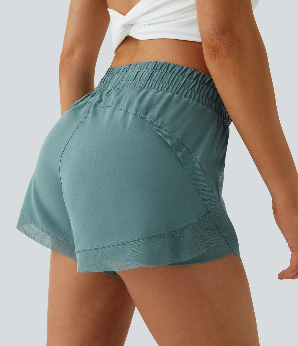Women Mid Rise Drawstring Contrast Mesh 2-in-1 Flowy Running Shorts 3''